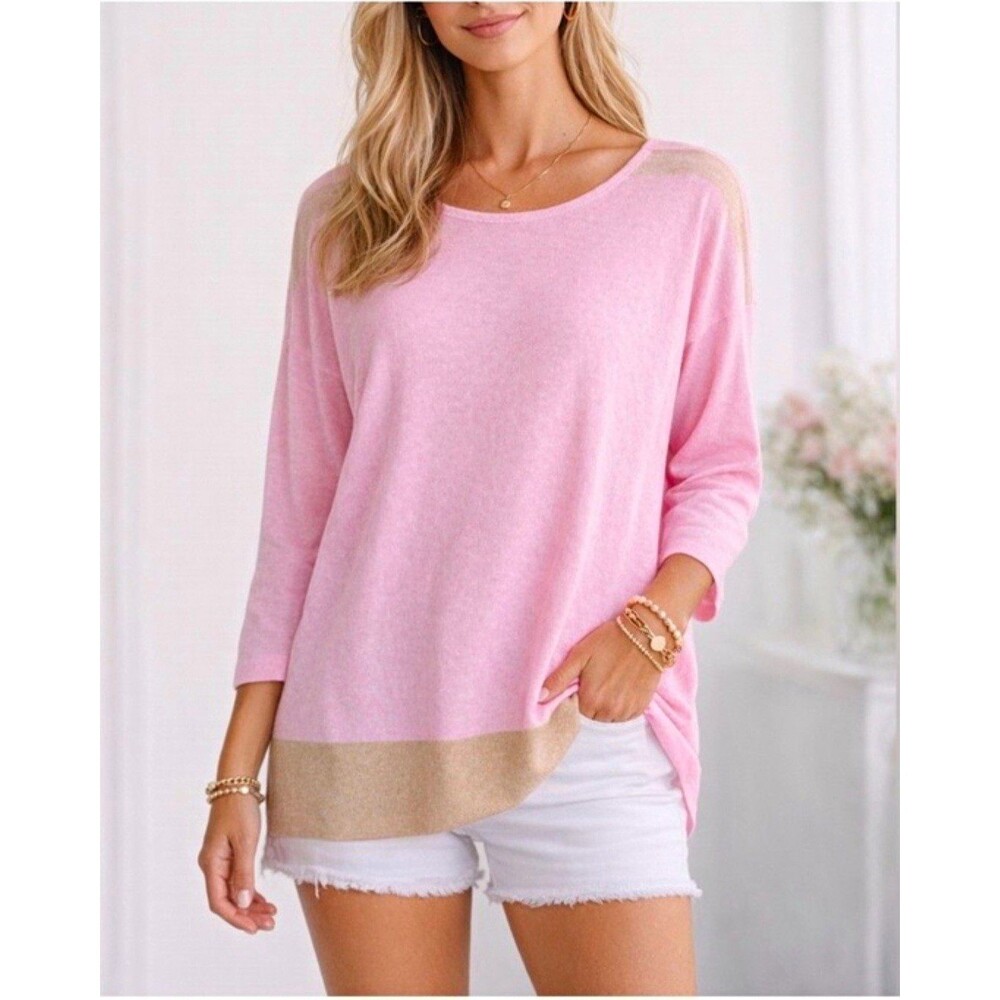Lilly Pulitzer Pink Beige Colorblock Knit Scoop Neck 3/4 Sleeve Sweater S